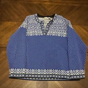 LL Bean Womens 2X Blue White Fair Isle Cotton Henley Sweater Nordic Snowflake